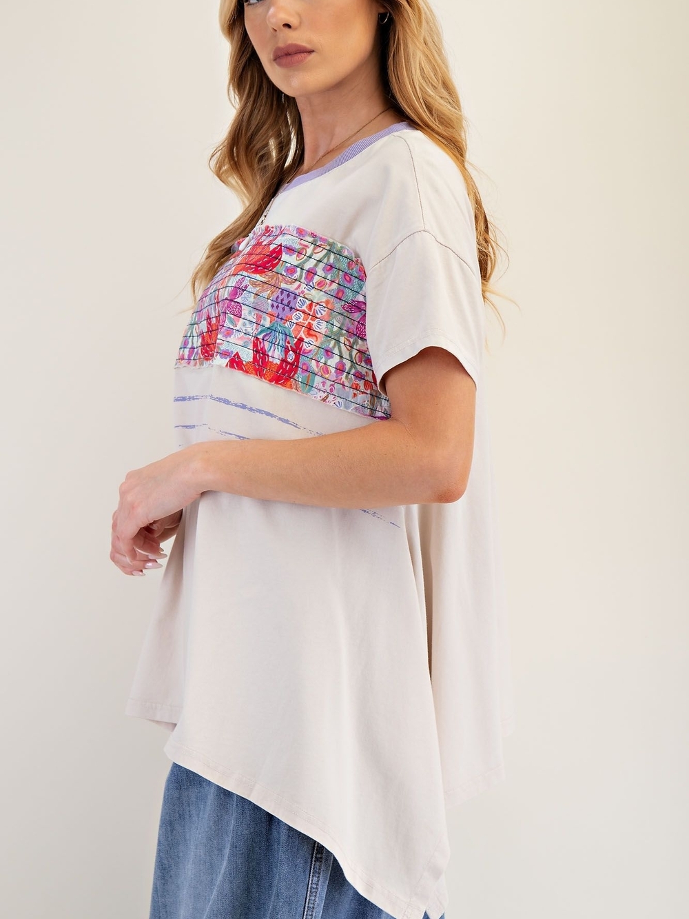 ⭐3-0503 Easel Floral Ribbon Patch Shark bite Cotton Tunic Top - Picture 6 of 6